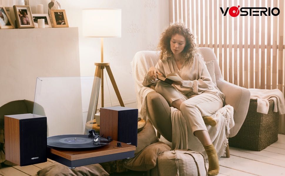 Gramofon z Bluetooth Retro z głośnikami stereo, Auto-Stop, Paskowy