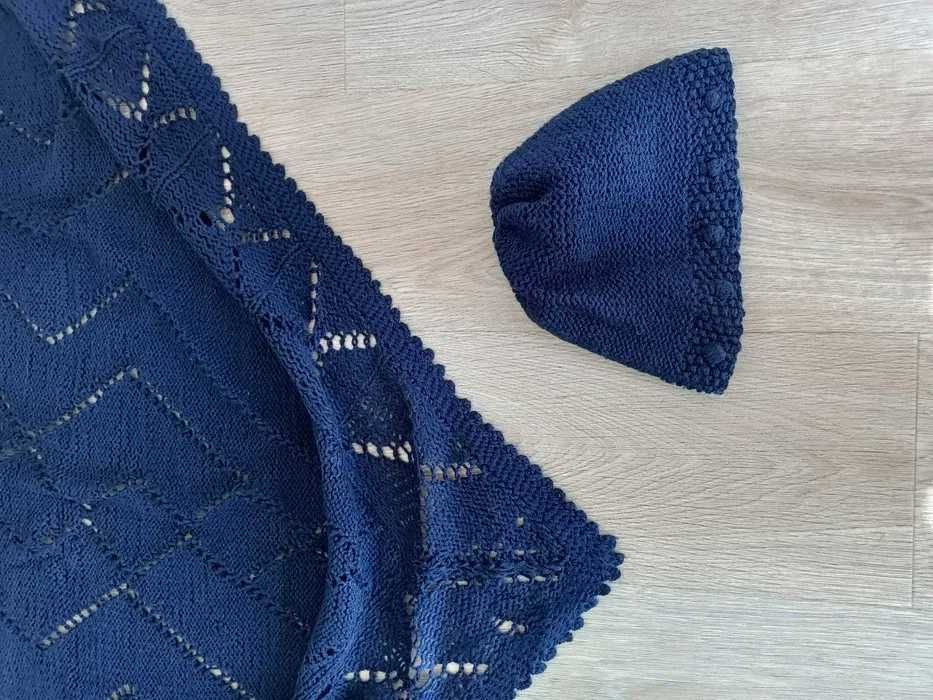 Czapka chusta niebieska granatowa handmade rękodzieło wełna