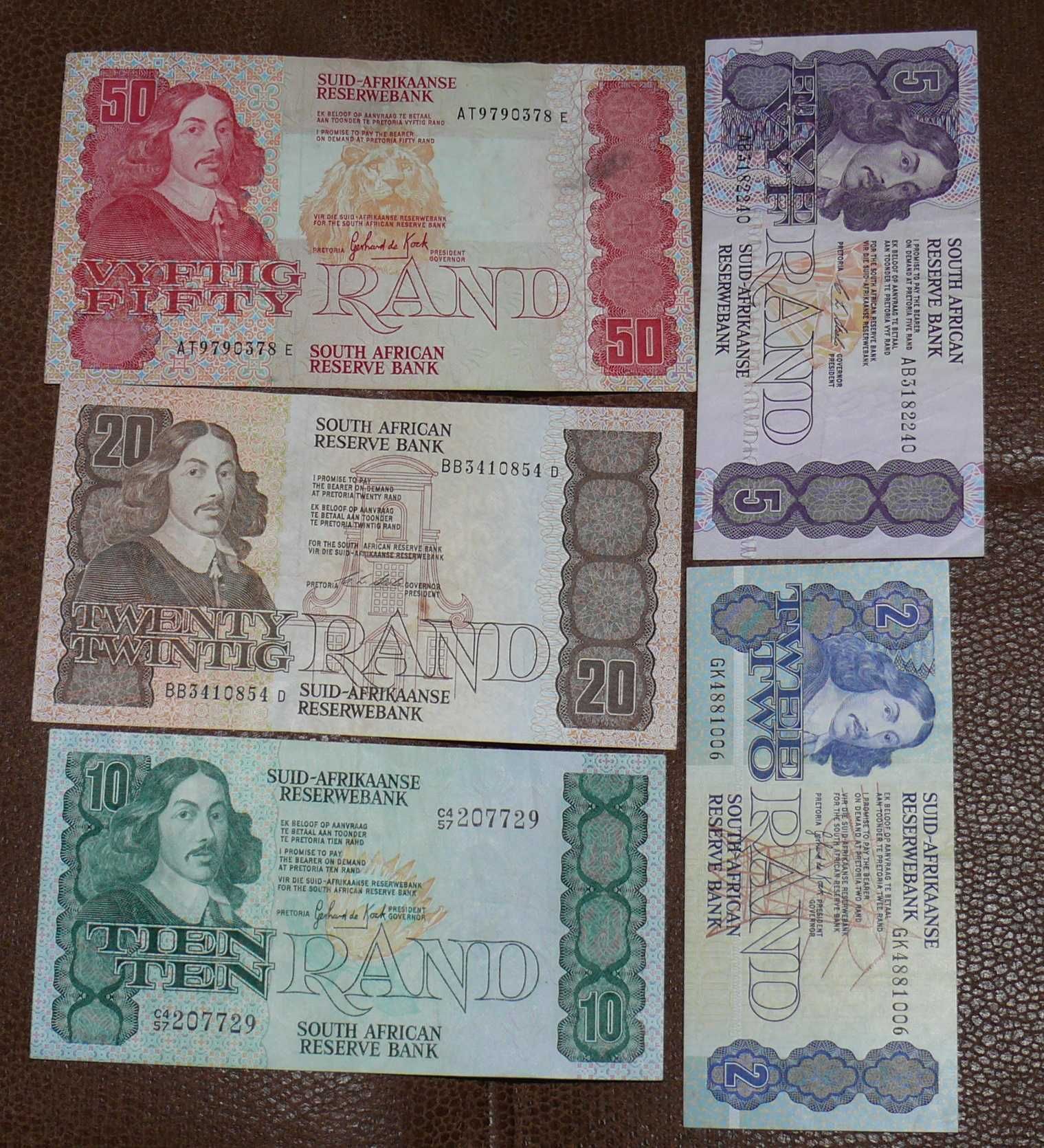 Banknoty Afryka -  RPA 2, 5, 10, 20, 50 rand - zestaw 5 szt.