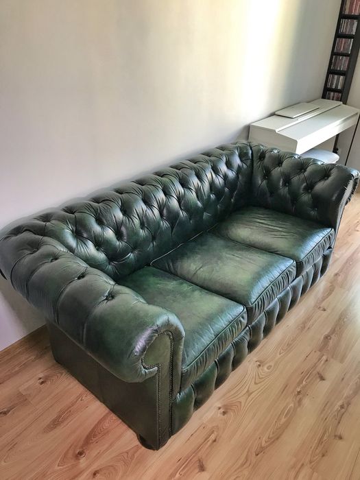 Sofa skórzana chesterfield zielona, skóra naturalna antykowana, 3 os.