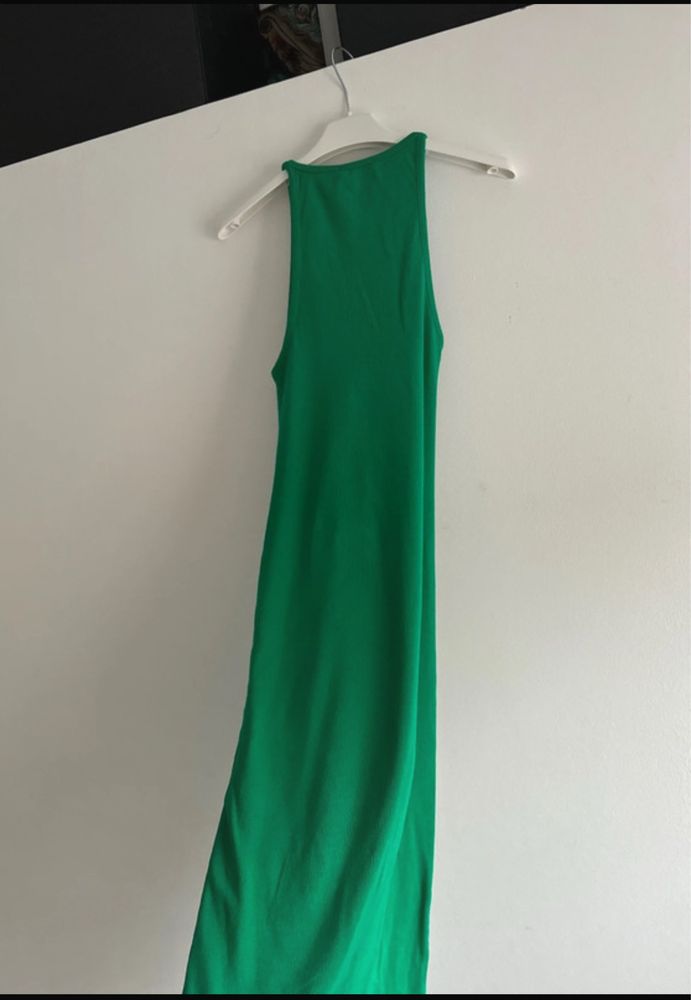 Zara sukienka midi w prazki dekold halter zielona bawełna S