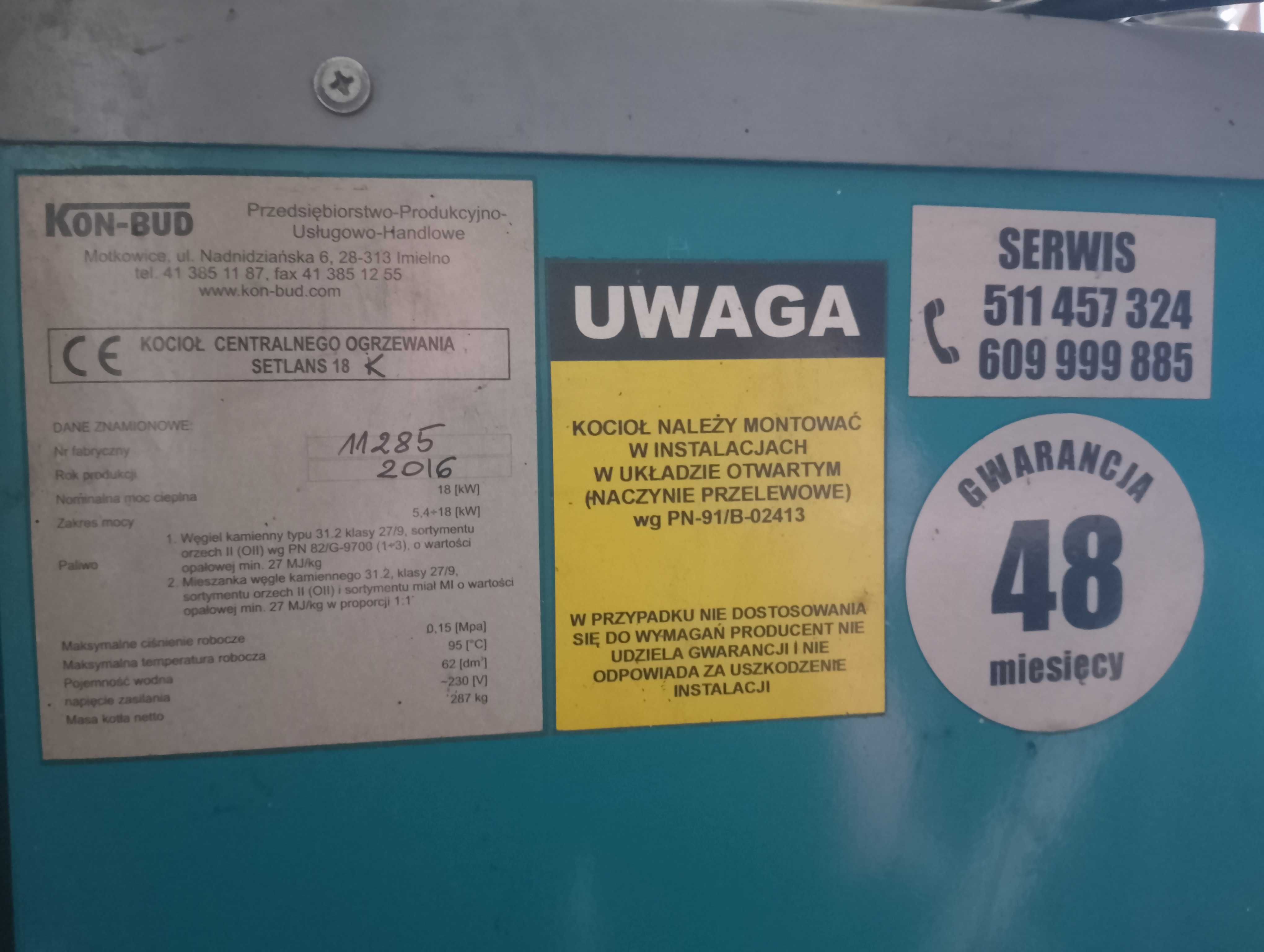 Piec C.O. węgiel, drzewo 18KW