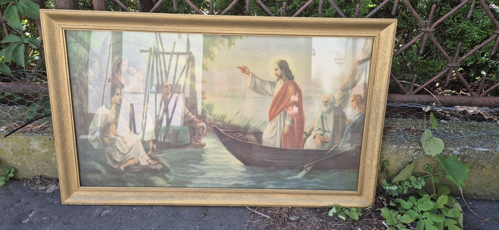 Stary obraz oleodruk Jezus nauczający na łodzi w kolorze