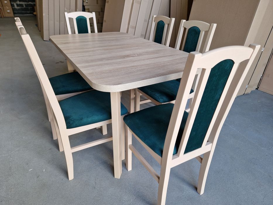Nowe: Stół 80x140/180 + 6 krzeseł, sonoma + zielony butelkowy, transPL