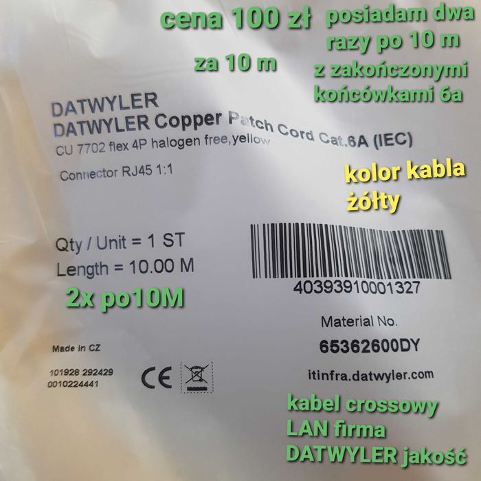 Kabel Krosowy LAN DATWYLER kat.6a flex 4P Zolty 2x po 10M i 2x Po 1,5M