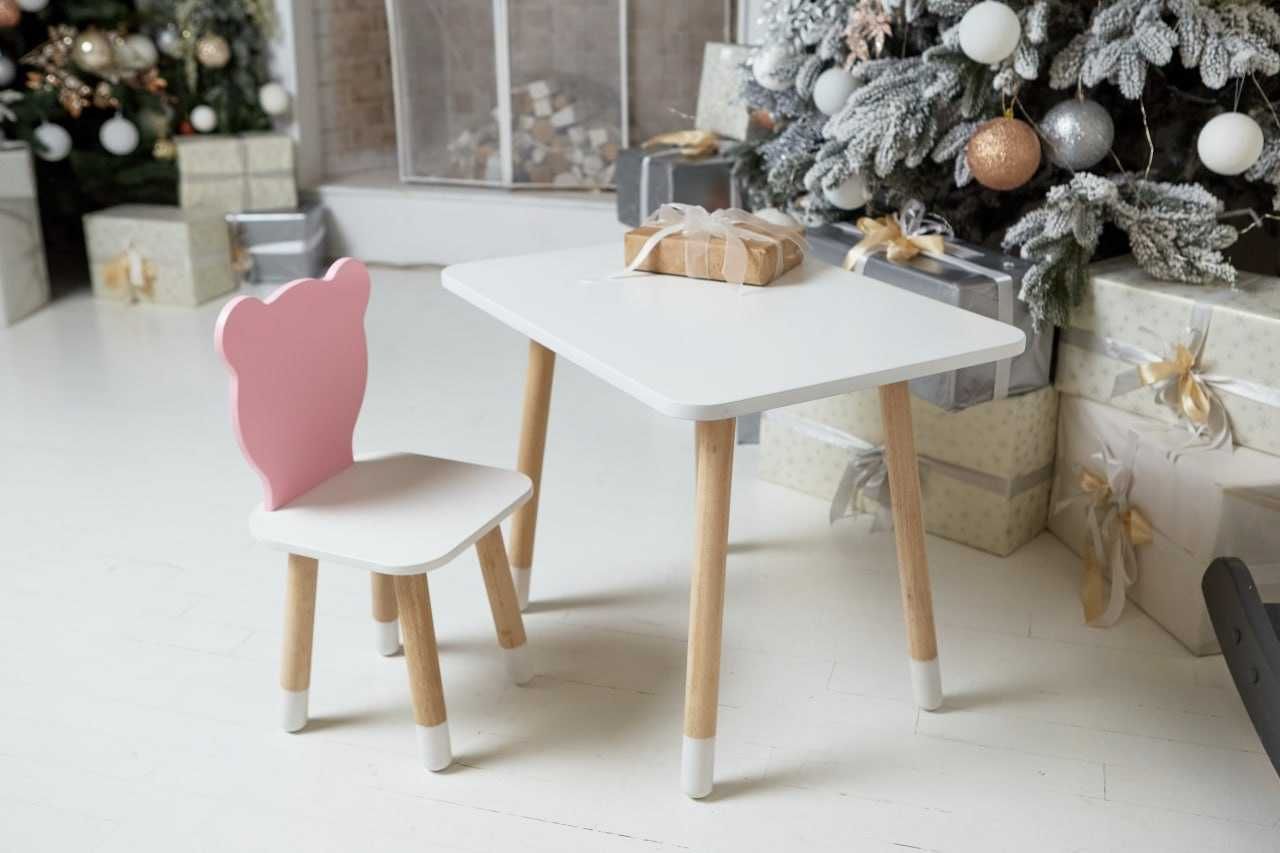 Білий столик і стільчик дитячий рожевий ведмежа з білим сидінням