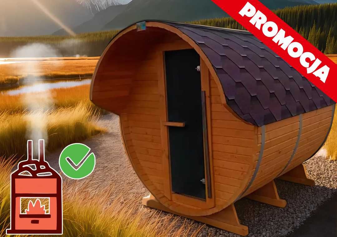 Sauna Ogrodowa Beczka 2,4m z Daszkiem, DIY na palecie, Dostawa, Bania