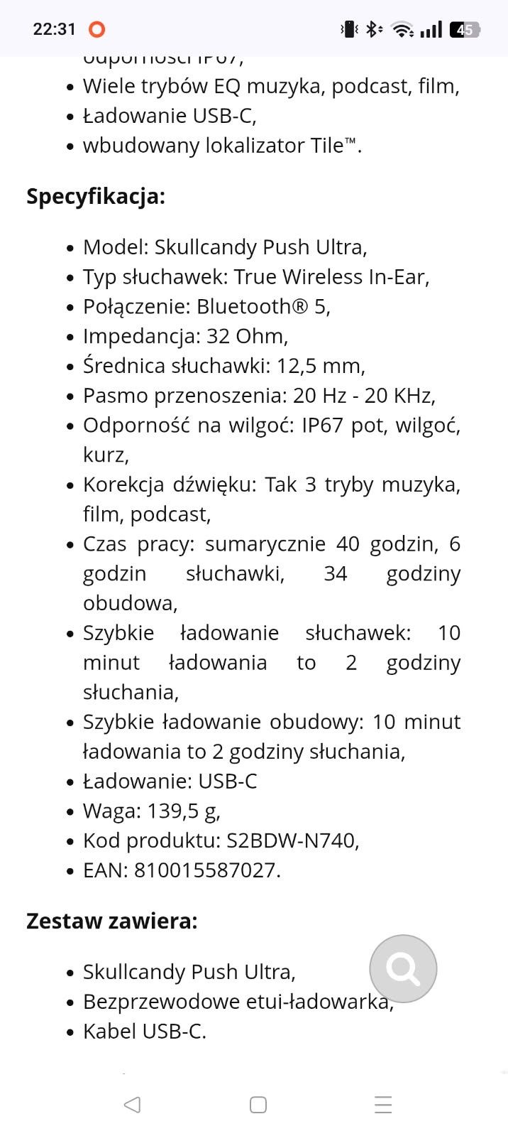 Słuchawki bezprzewodowe--Skullcandy zero boundaries max performance