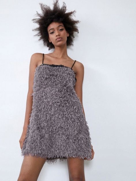 Zara sukienka mini z piór S fioletowa na ramiączkach idealny stan part