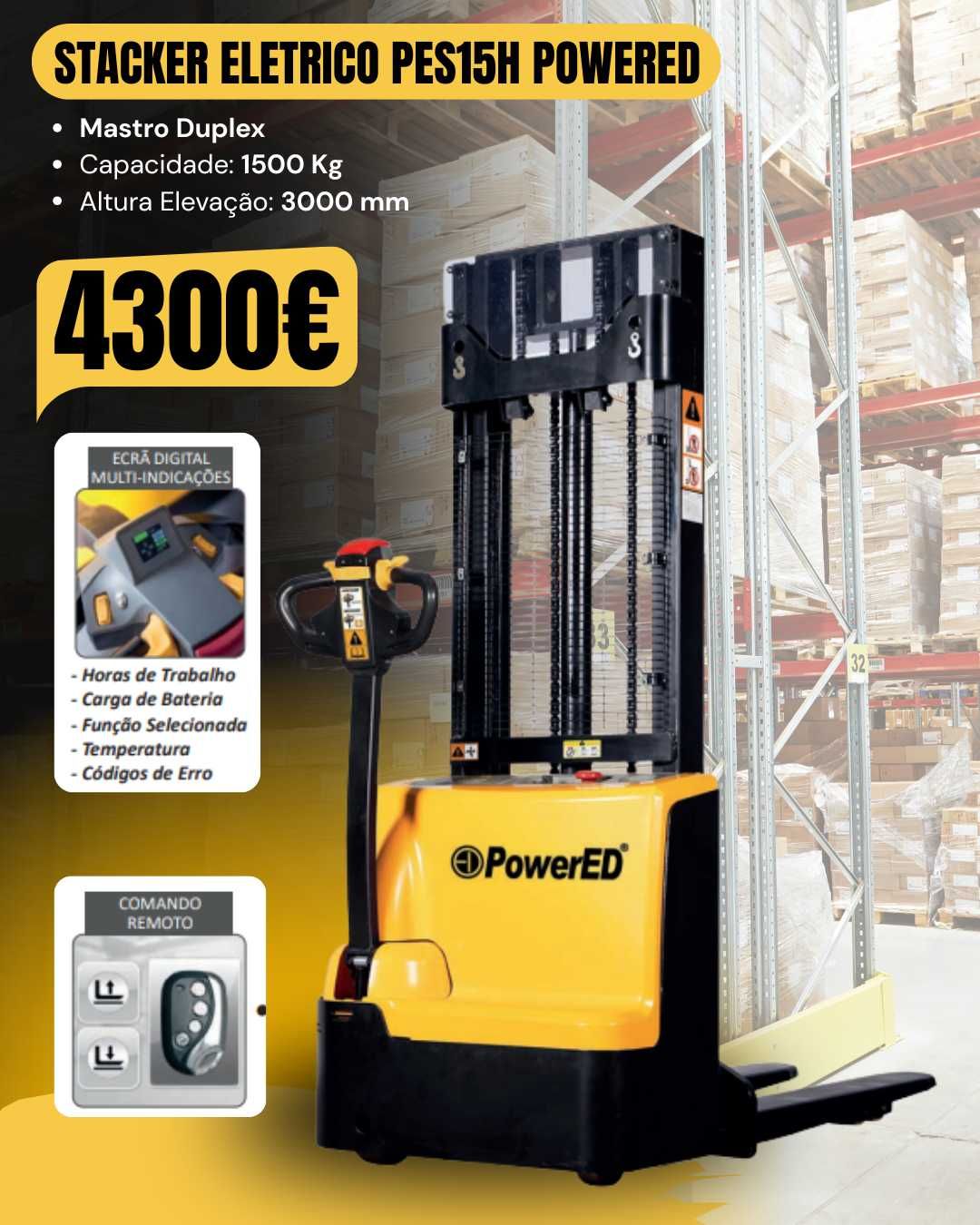 Empilhador Stacker Monta-cargas complet. Elétrico Elev. 1500 kg a 3mts