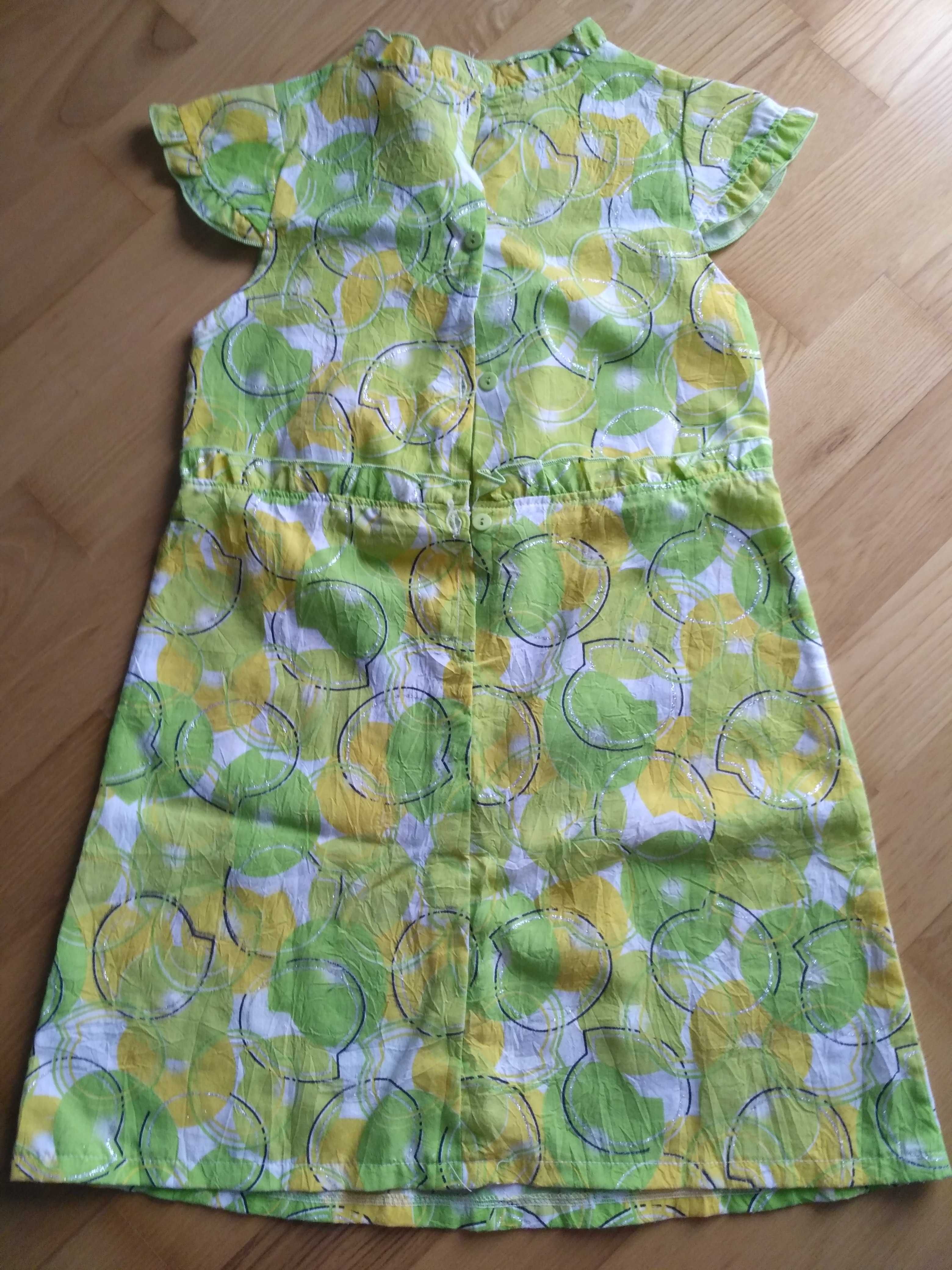 Cienka letnia sukienka 110/116 suknia żółta zielona błyszcząca