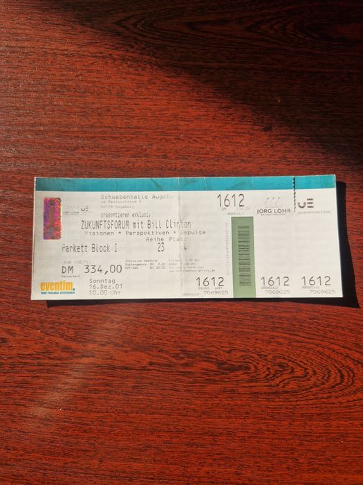 Bilet kolekcjonerski Zukunftsforum z Billem Clintonem 2001 rok