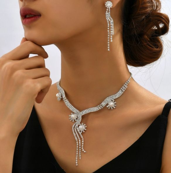 Komplet Biżuterii Perły Kolczyki Naszyjnik Ślub Srebrny Cyrkonie B5