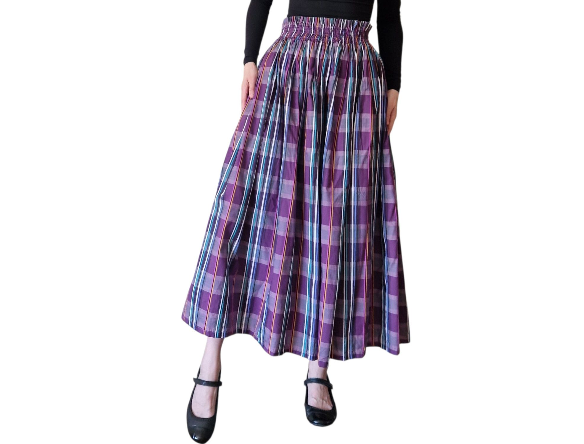 Spódnica retro vintage midi  fioletowa w paski M L