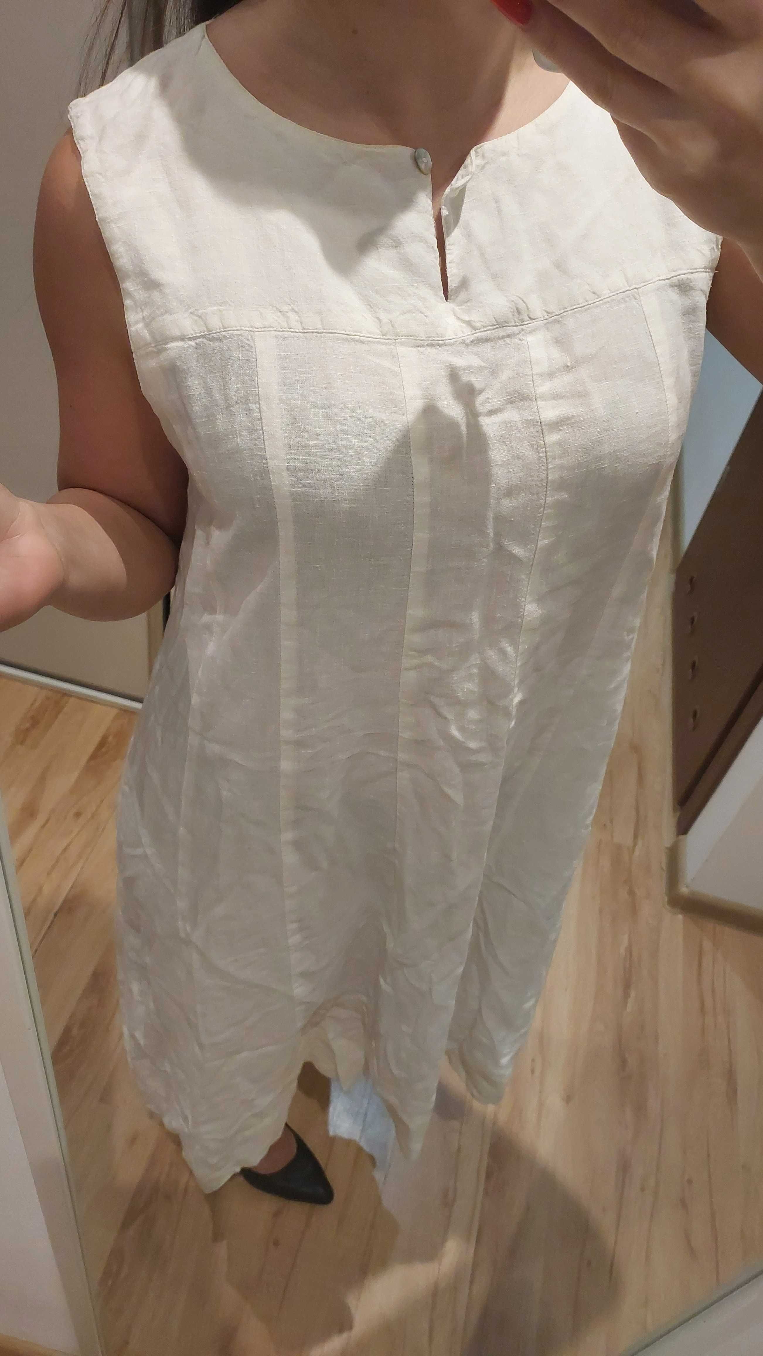 biała lniana sukienka len L XL midi