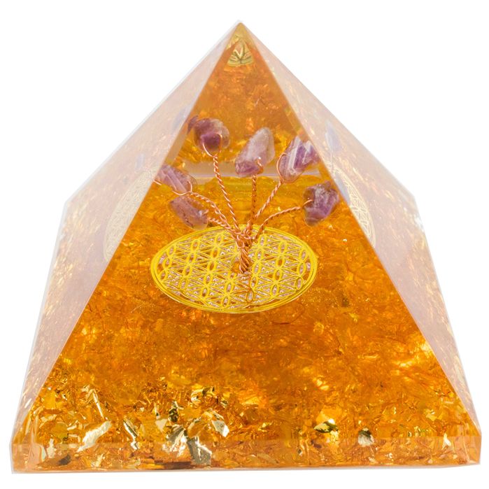 Piękna Piramidka Orgonit Cytryn Ametyst Kwiat Życia Miedź Obfitość