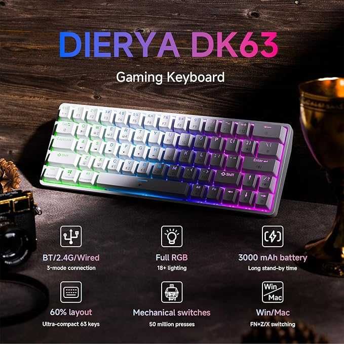 Dierya DK63 Gaming Klawiatura,60% Bezprzewodowa, Bluetooth/2.4G/Type-C