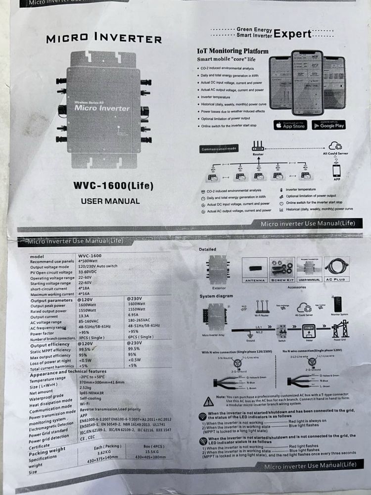 Інвертор на сонячні панелі WVC-1600 Вт