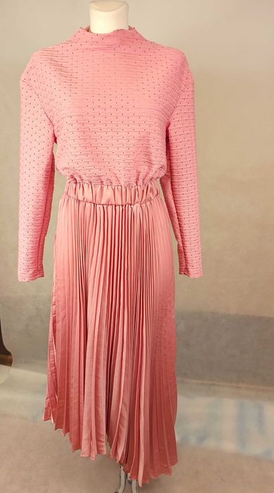 piękna asymetryczna plisowana długa sukienka S ażurowa wesele święta