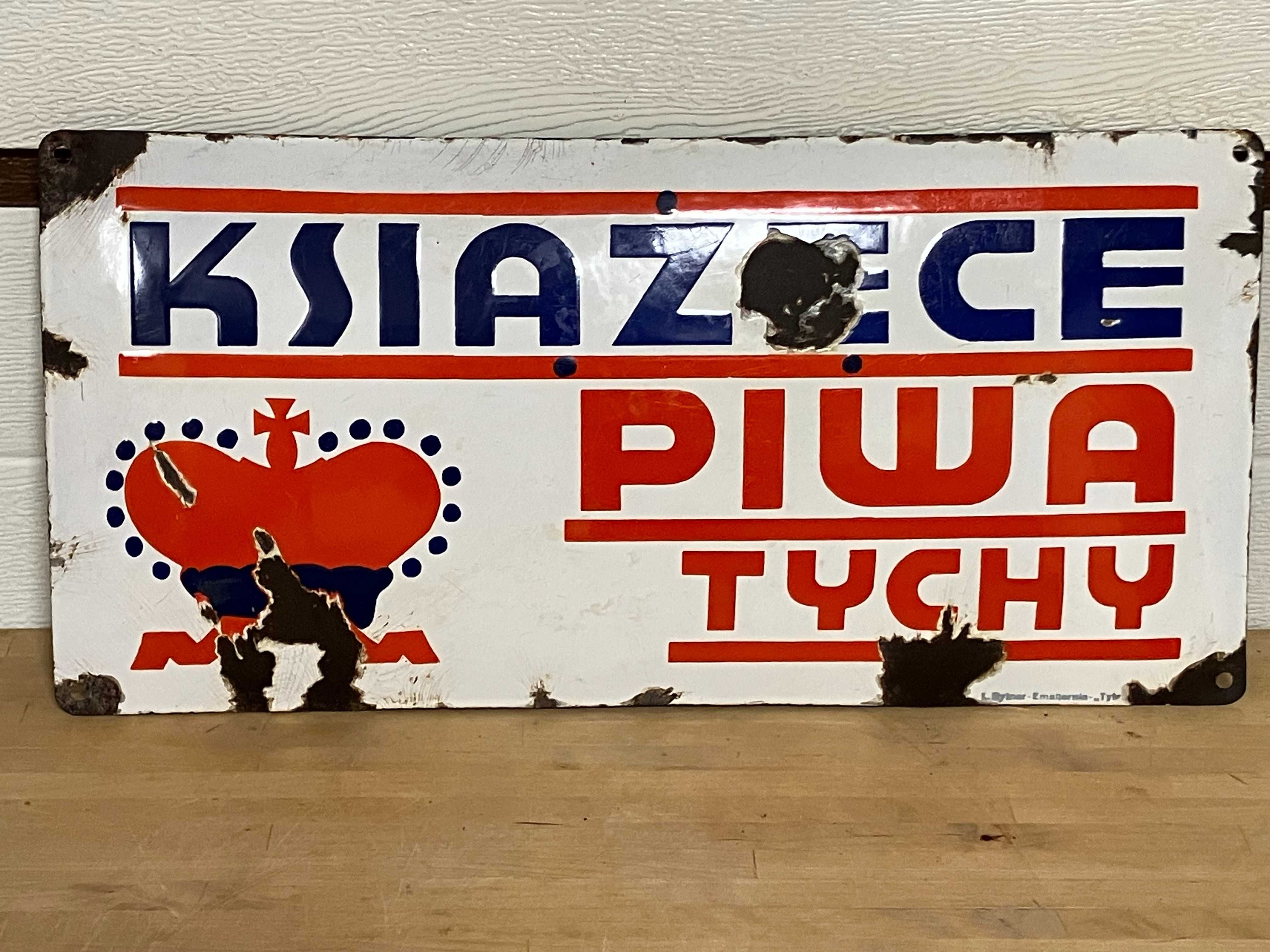 Szyld Emaliowany KSIĄŻĘCE PIWA TYCHY Tyskie 50x24 Przedwojenna