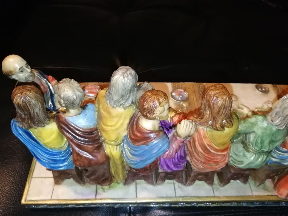 Antiga Peça marfinite Última Ceia de Jesus pintada à mão
