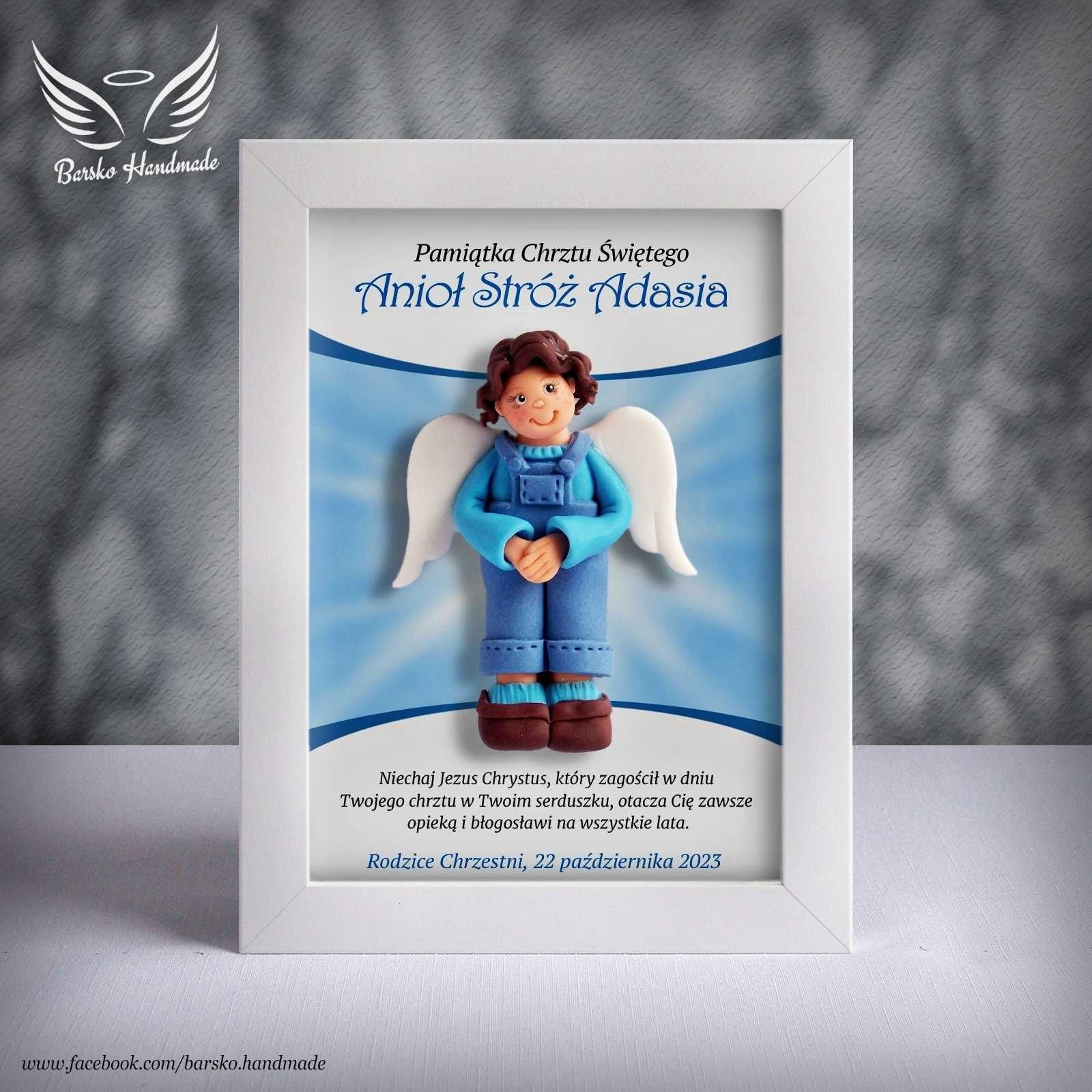 Anioł Stróż z porcelany w ramce 15x21 jako Pamiątka Chrztu Świętego