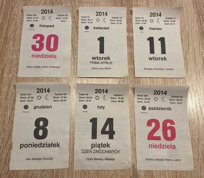 Oryginalna kartka z kalendarza zdzieraka 2014 r. Prezent Rocznica