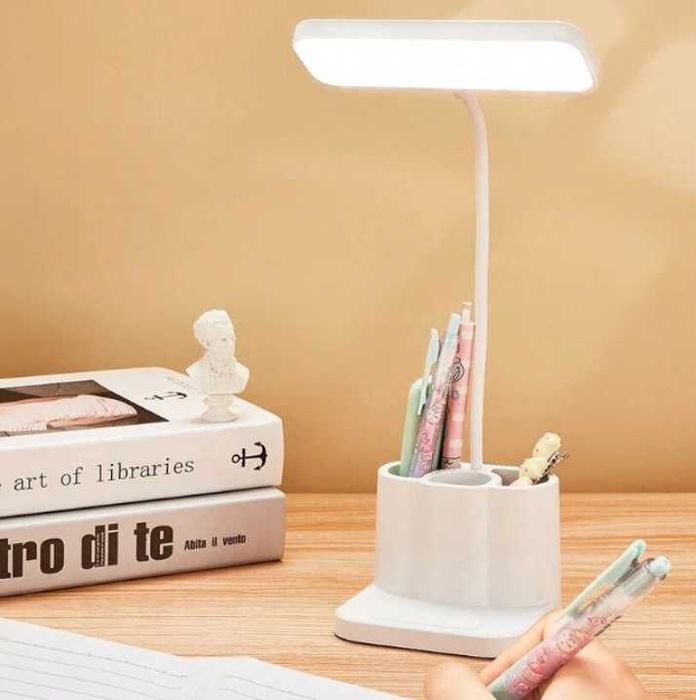 LAMPKA BIURKOWA regulowana LED z organizerem biała mocna do pokoju