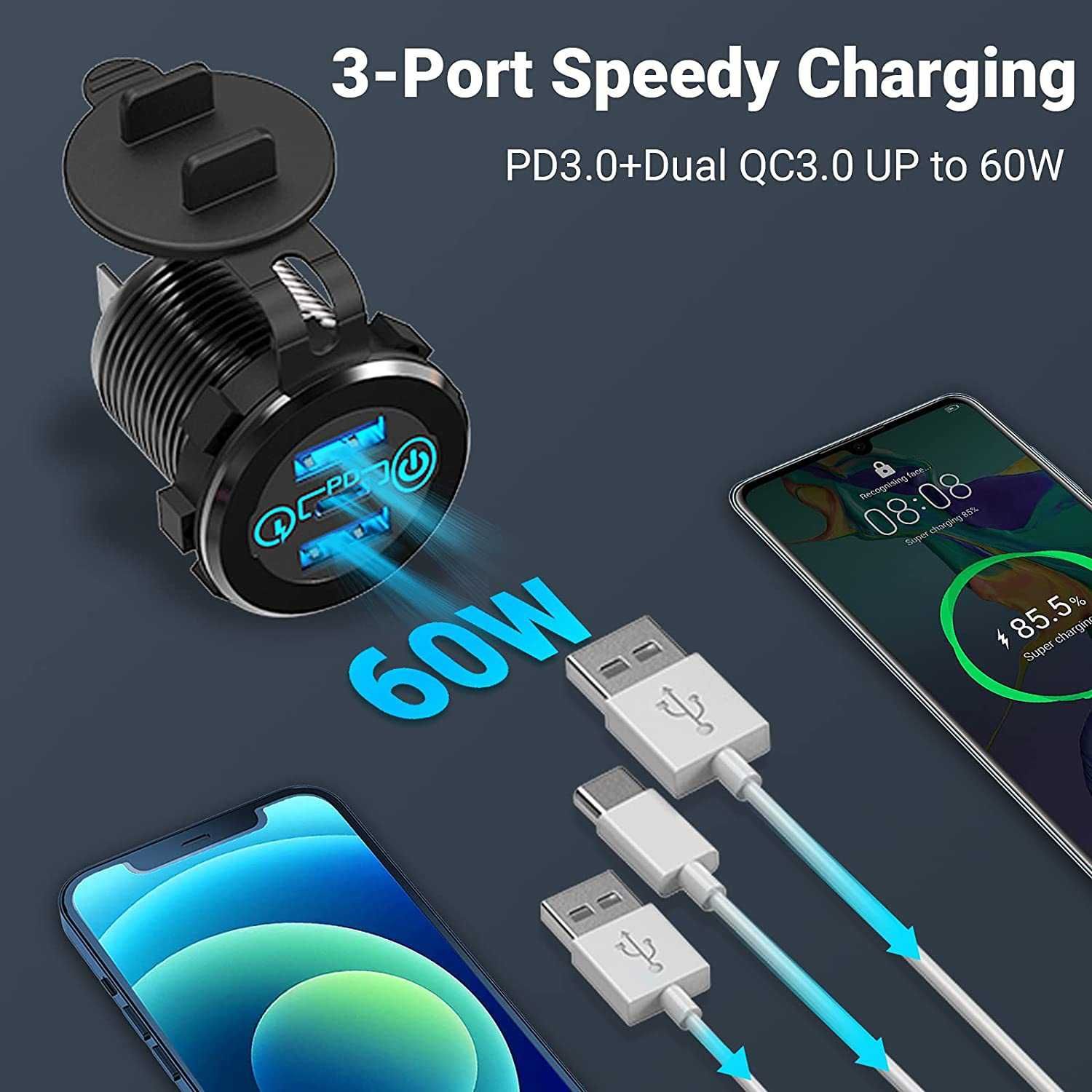 Врезная зарядка в авто на 2 USB + PD Type-C быстрая зарядка 60W металл