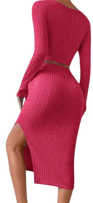 Malinowy,wygodny,seksualny komplet bluzka i długa spódnica welur XL.