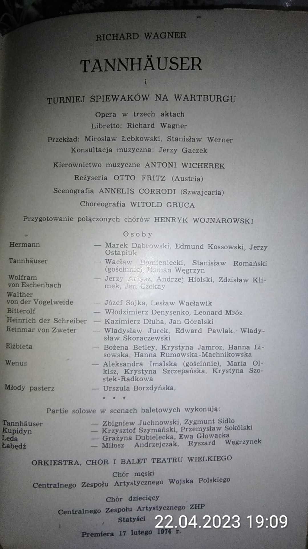 Tannhäuser Richard Wagner program premiery 17.03.1974