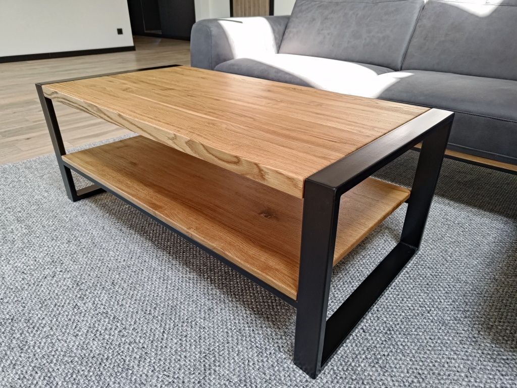 Stolik kawowy loft lite drewno dąb 120x60 z półką