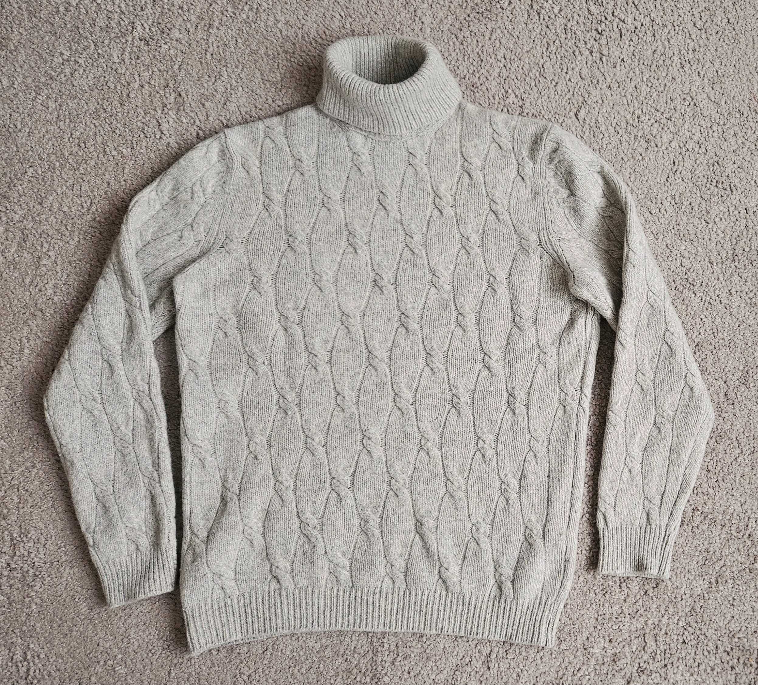 Gruby golf szarobeżowy Massimo Dutti M, wełna+wełna z jaka, małe wady