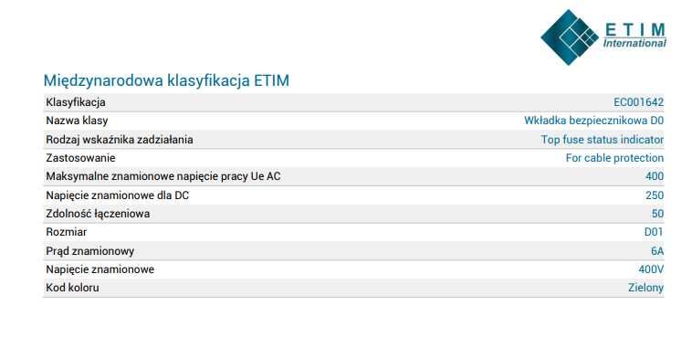 ETI Wkładka topikowa D01 gG 6A/400V 10 STUK.