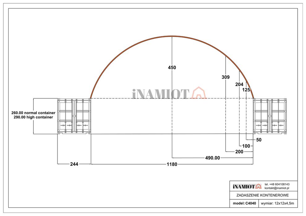 Zadaszenie kontenerów łukowa hala namiotowa 12x12 m kontenerowa morski