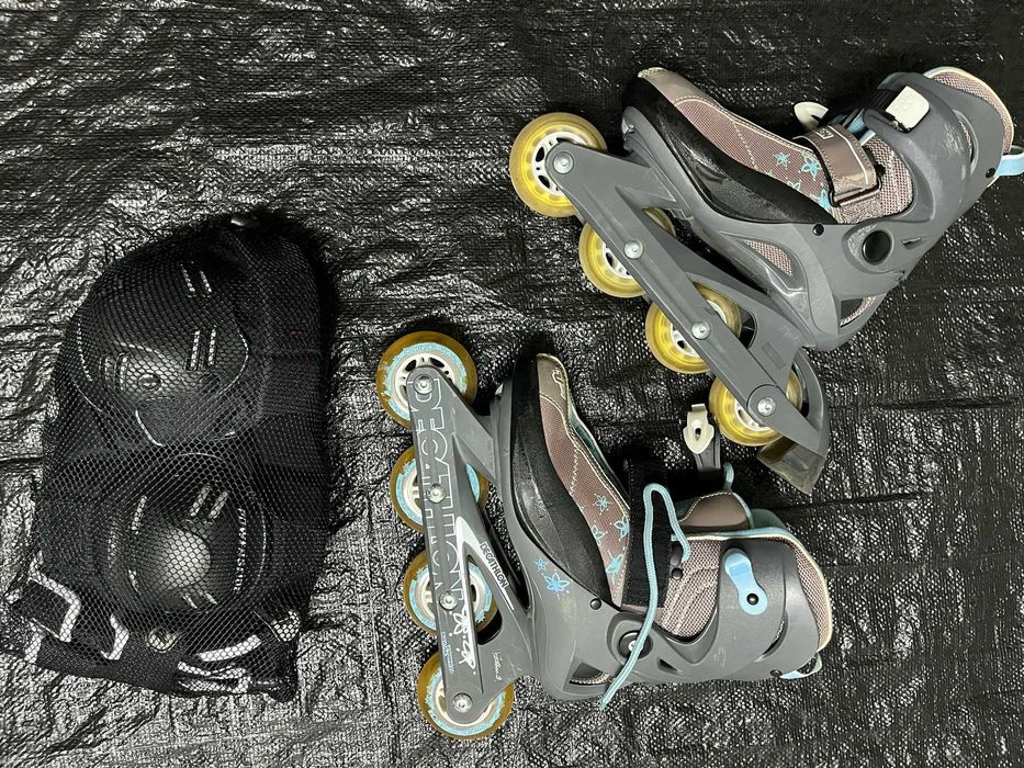 Patins em linha, com proteções e saco para patins