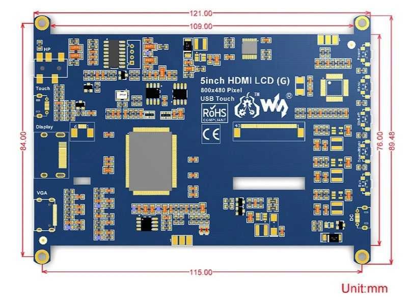 LCD RaspberryPi Ekran dotykowy 800x480 5" HDMI USB WSR-11934