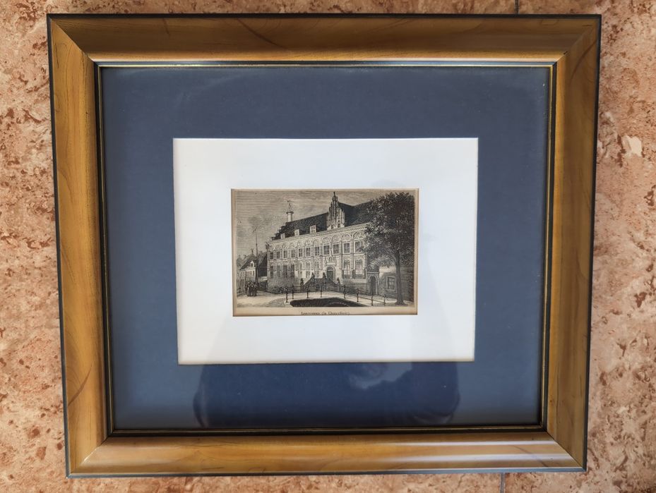 Gravura antiga em madeira cidade holandesa Leeuwarden 1876