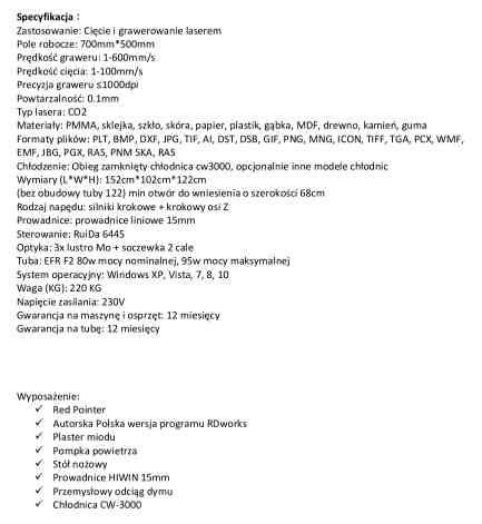NOWY ploter laserowy laser grawer CO2 50x70 80W cięcie - na gwarancji
