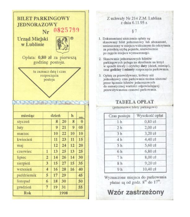 Nieużyty Bilet Parkingowy miasta Lublin z 1998