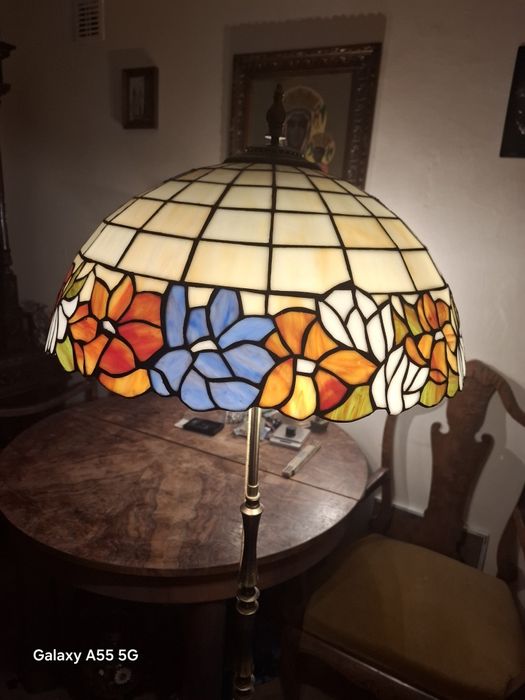 Lampa stojąca witrażowa podłogowa prl mosiądz mosiężna