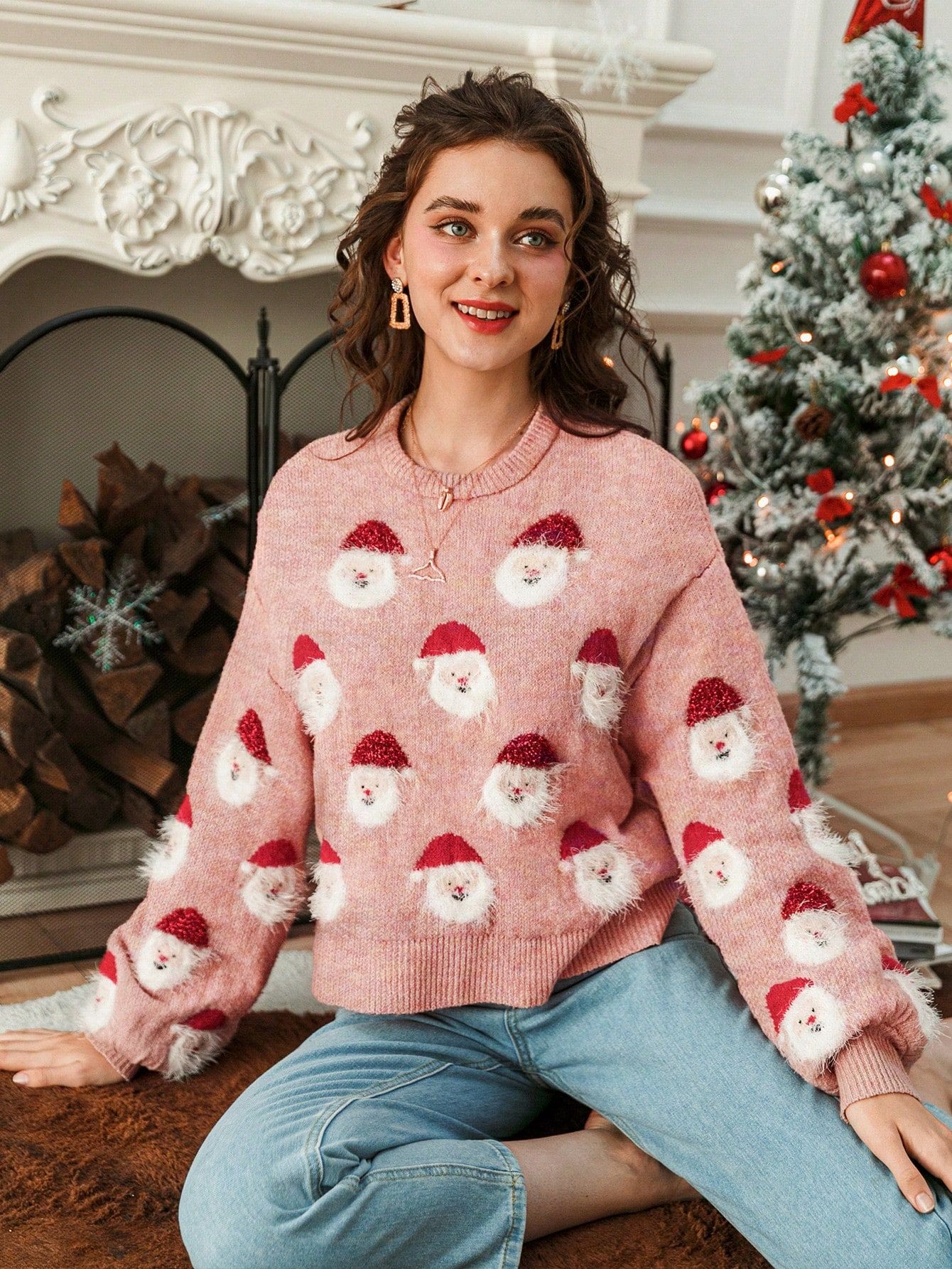 Sweterek Świąteczny Oversize W Mikołaje Różowy Shein L 40