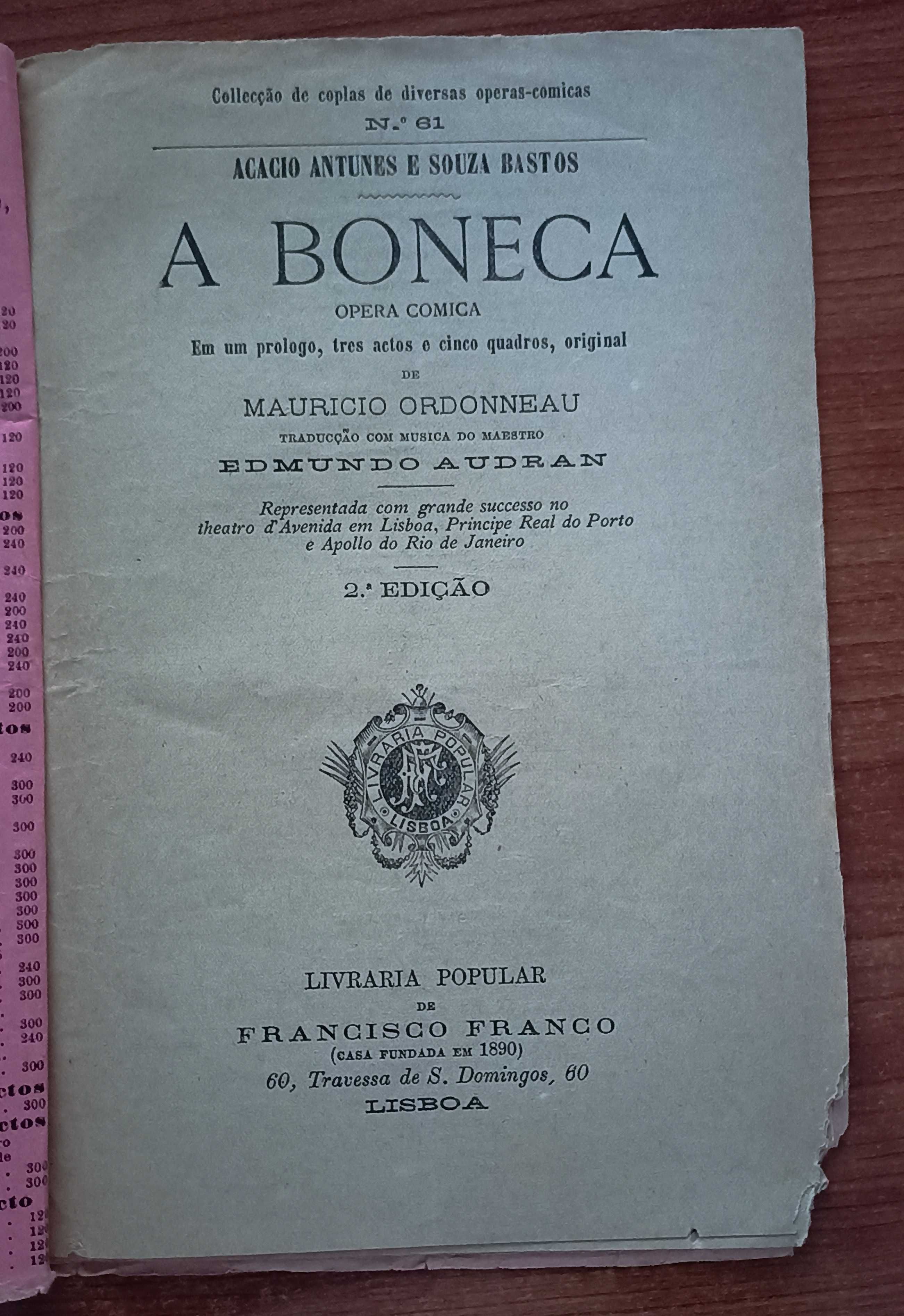 A Boneca: Opera Cômica, Em um prologo, 3 atos e 5 quadros, original