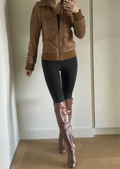 Kurtka jesienna brązowa, Skóra naturalna, pilotka, Stradivarius, XS