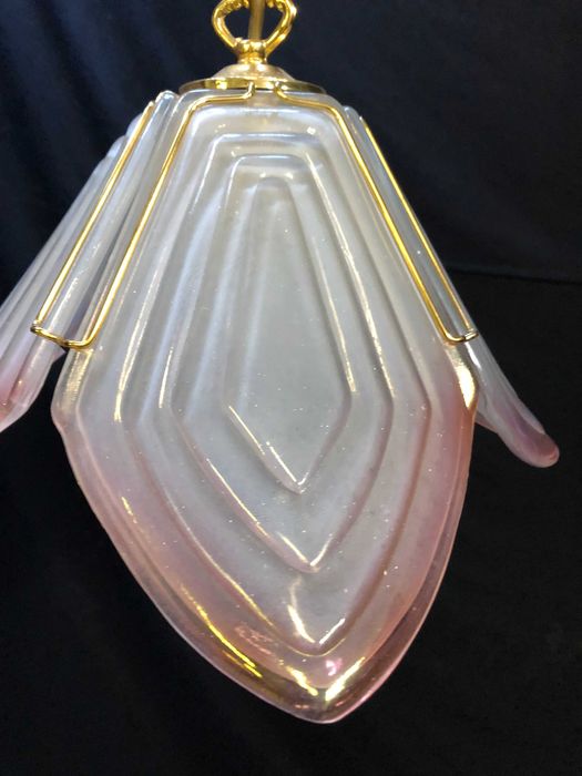 Candeeiro Art Deco Dourado  Vidro Rosa