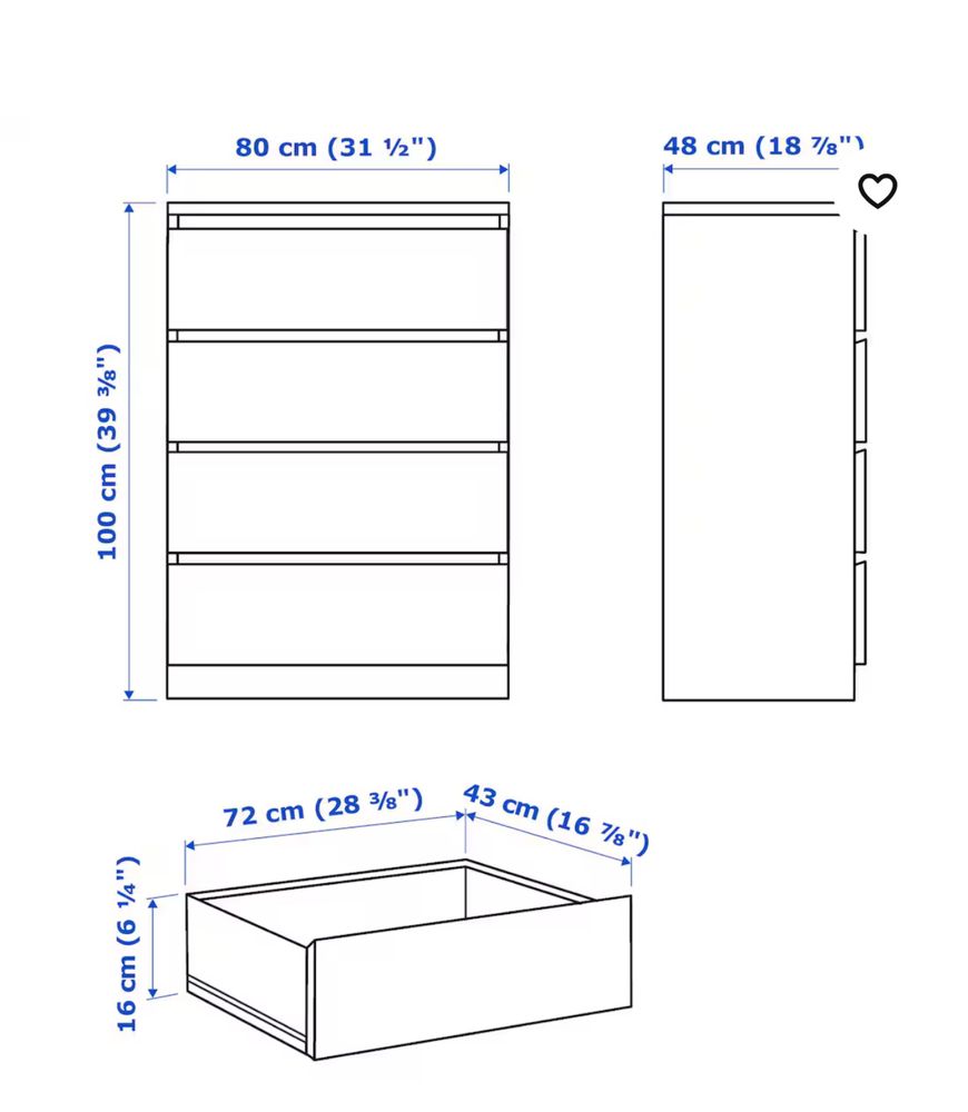 Komoda ikea malm dąb bejcowany na biało 4 dzuflady nowa