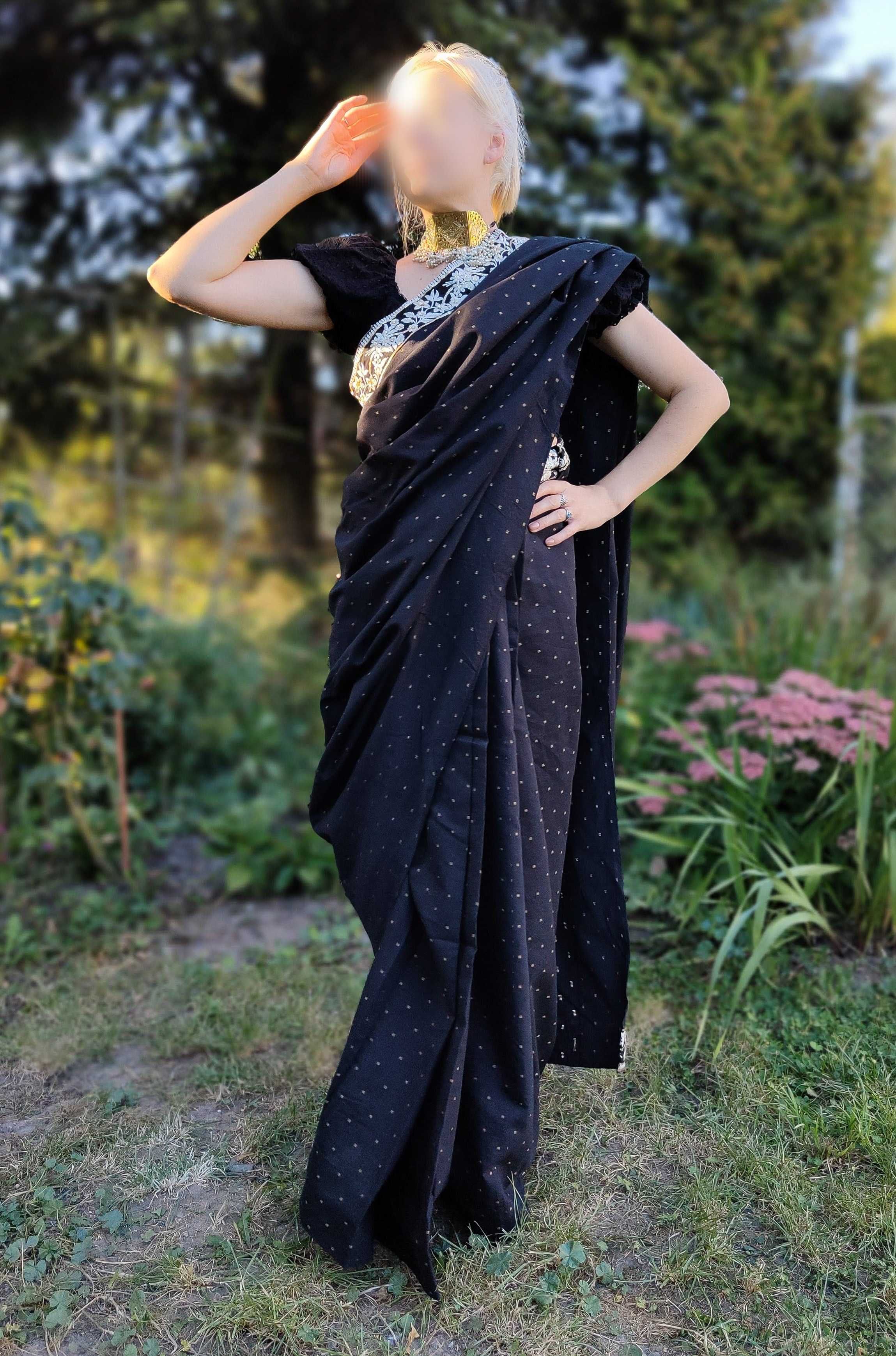 Czarne bawełniane sari saree saari Bollywood Indie orient suknia