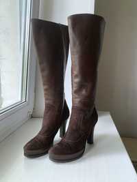 Женские кожаные сапоги на каблуке 36 размер Lottusse коричневые