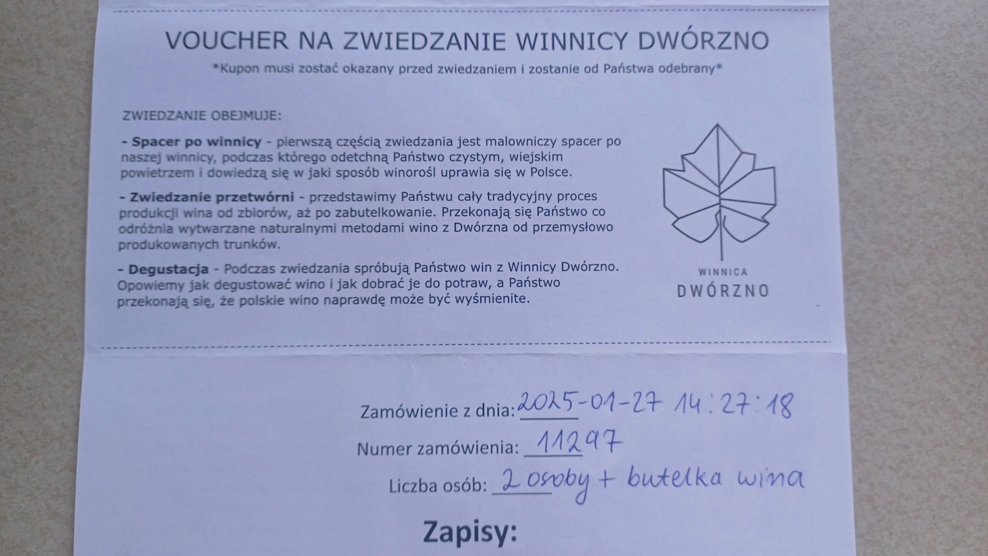Voucher - Winnica Dwórzno. Zwiedzanie, degustacja, prezent.