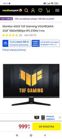 Zprzedam Uzkodzony monitor Asus Tuf Gaming "24"Ips 270 Hz.Cena 100 zlo